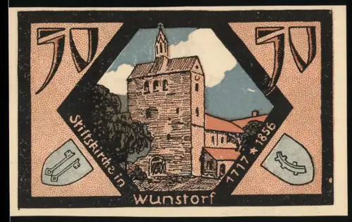 Notgeld Neustadt a. R. 1921, 50 Pfennig, Bild der Stiftskirche mit Wappen und Jahreszahlen 1717-1856