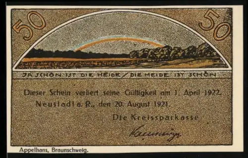 Notgeld Neustadt a. R. 1921, 50 Pf, Landschaft mit Regenbogen und Kirchturm-Motiv