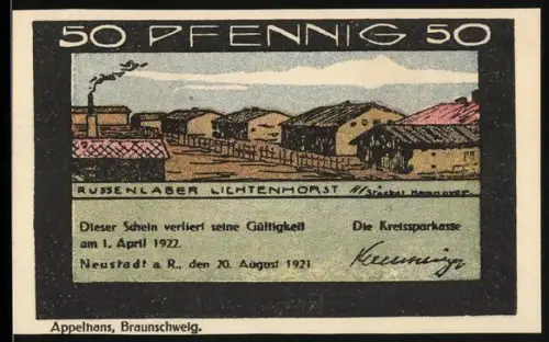 Notgeld Neustadt a. R. 1921, 50 Pfennig, Russenlager Lichtenhorst und Fachwerkhaus zwischen Bäumen