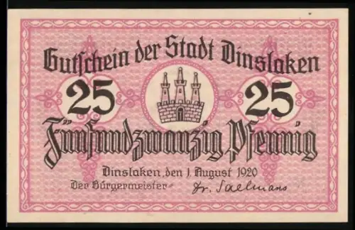 Notgeld Dinslaken 1920, 25 Pfennig, Arbeiter mit Schaufel und Spitzhacke, Stadttor im Wappen