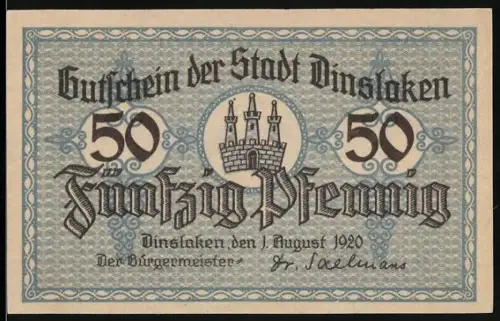 Notgeld Dinslaken 1920, 50 Pfennig, Stadtwappen und Arbeiterdarstellungen