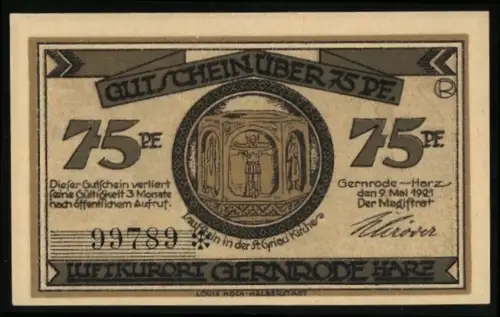 Notgeld Gernrode /Harz 1921, 75 Pfennig, St. Cyriakus Kirche und Ruine im Harz