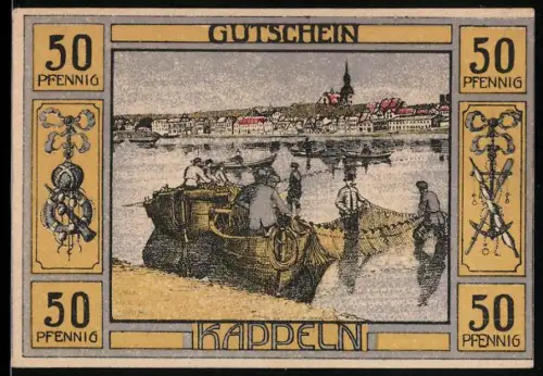 Notgeld Kappeln 1920, 50 Pfennig, Fischerboote und Ortsansicht, Wappen