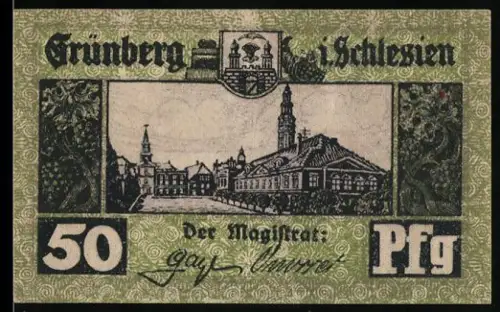 Notgeld Grünberg i. Schlesien 1921, 50 Pf, Ortsansicht und Fachwerkhaus