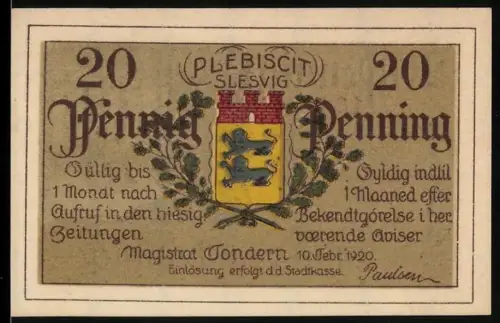 Notgeld Tondern 1920, 20 Pfennig, Löwenwappen und Gaststube im Weissen Schwan