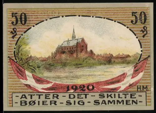 Notgeld Hadersleben 1920, 50 Pfennig, Schloss am Fluss und Wappen mit Brücke