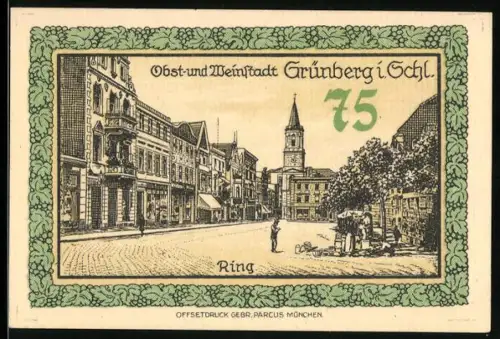 Notgeld Grünberg i. Schl. 1921, 75 Pfennig, Ortsansicht und Wappen mit Figurenmotiv