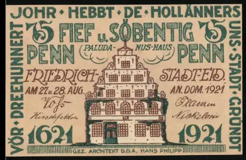 Notgeld Friedrichstadt 1921, 75 Pfennig, Paludanushaus mit Giebelhäusern und Bäumen