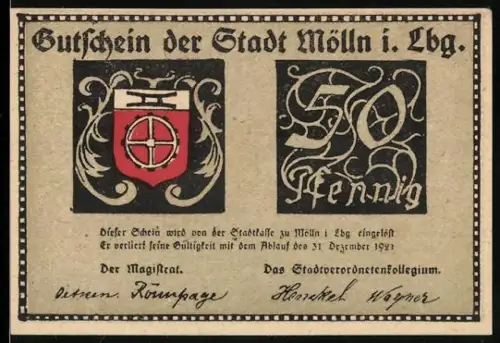 Notgeld Mölln i. Lbg. 1921, 50 Pfennig, Till Eulenspiegel mit Wappen