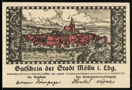 Notgeld Mölln i. Lbg. 1921, 50 Pfennig, Ortsansicht und Till Eulenspiegel Illustration