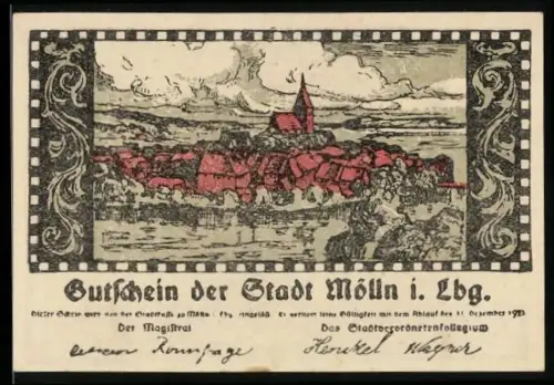 Notgeld Mölln i. Lbg. 1921, 50 Pfennig, Ortsansicht und Skelett-Motiv