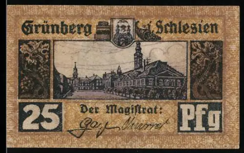 Notgeld Grünberg i. Schlesien 1921, 25 Pfennig, Ortsansicht und Kirche mit Landschaft