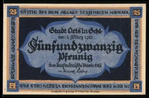 Notgeld Oels i. Schl. 1921, 25 Pfennig, Schlossansicht mit dekorativem Muster