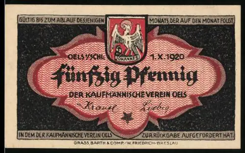 Notgeld Oels i. Schl. 1920, 50 Pfennig, Wappen und Stadttor-Motiv