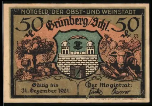 Notgeld Grünberg i. Schl. 1921, 50 Pfennig, Stadtmauer, Obst, Wein, Am Hungerturm, Figuren mit Körben und Akkordeon
