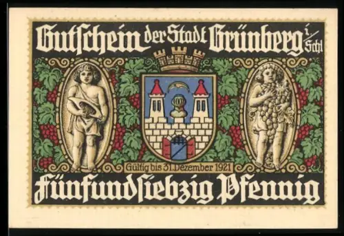 Notgeld Grünberg i. Schl. 1921, 75 Pfennig, Stadtwappen und Obstmotive, Grünebergschlösschen
