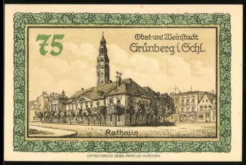 Notgeld Grünberg i. Schl. 1921, 75 Pfennig, Rathaus und Wappen mit Figuren