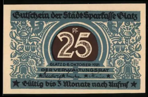 Notgeld Glatz 1921, 25 Pfennig, Löwenwappen und Ortsansicht, 100 Jahre Sparkasse