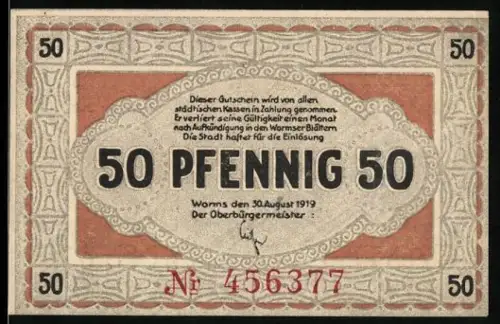 Notgeld Worms 1919, 50 Pfennig, Ortsansicht mit Kathedrale