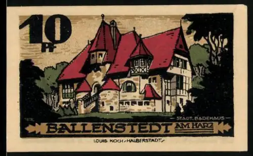 Notgeld Ballenstedt am Harz 1921, 10 Pf, Badehaus und Wappen