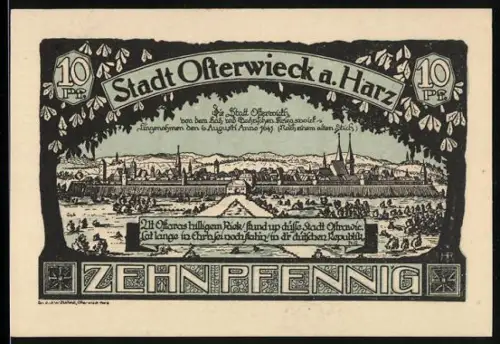 Notgeld Osterwieck a. Harz 1921, 10 Pfennig, Ortsansicht und Wappen von Osterwieck