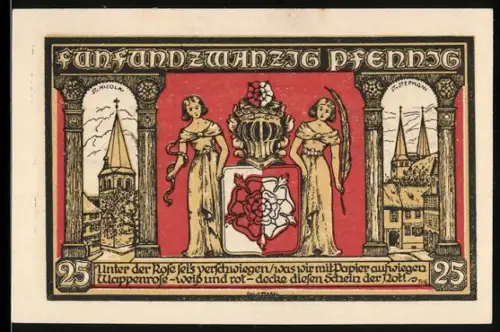 Notgeld Osterwieck am Harz 1921, 25 Pfennig, Wappenrose und historische Gebäudeansicht