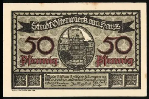 Notgeld Osterwieck am Harz 1921, 50 Pfennig, Fachwerkhaus und Till Eulenspiegel mit Wappen