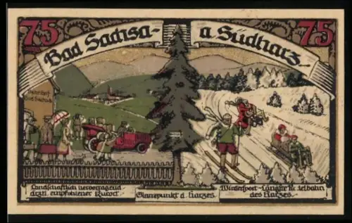 Notgeld Bad Sachsa a. Südharz, 75 Pfennig, Wintersport und Musiker mit Wappen