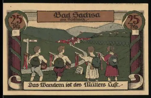 Notgeld Bad Sachsa am Südharz 1921, 25 Pfennig, Wanderer in Landschaft und Musiker mit Wappen