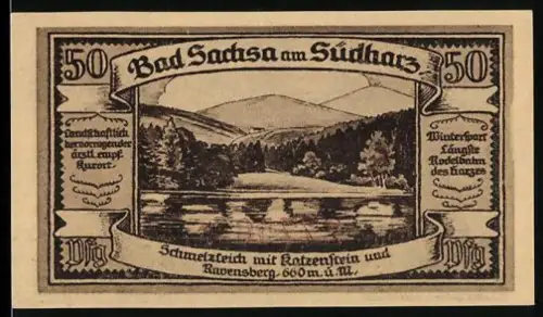 Notgeld Bad Sachsa am Südharz 1921, 50 Pfennig, Landschaft mit See und Wappen