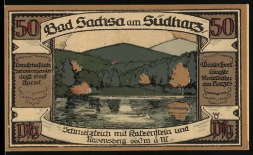 Notgeld Bad Sachsa am Südharz 1921, 50 Pfennig, Landschaft mit Katzental und Ravensberg, Wappen