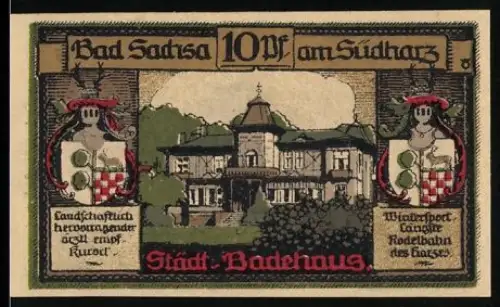 Notgeld Bad Sachsa am Südharz 1921, 10 Pf, Badehaus und Wappen mit Hirschgeweih