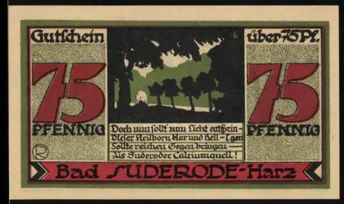 Notgeld Bad Suderode /Harz 1921, 75 Pfennig, Bäume und Landschaftsmotiv mit Aufschrift über Calciumquellen