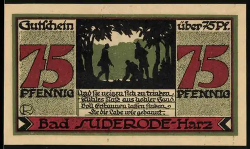 Notgeld Bad Suderode /Harz 1921, 75 Pfennig, Silhouette von Personen unter Bäumen und Text