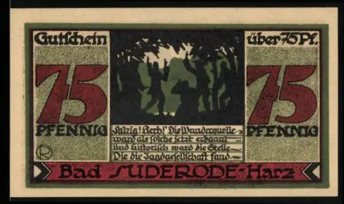 Notgeld Bad Suderode /Harz 1921, 75 Pfennig, Jagdgesellschaft im Wald