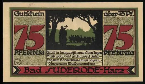 Notgeld Bad Suderode /Harz 1921, 75 Pfennig, Jagdszene mit Reitern im Wald