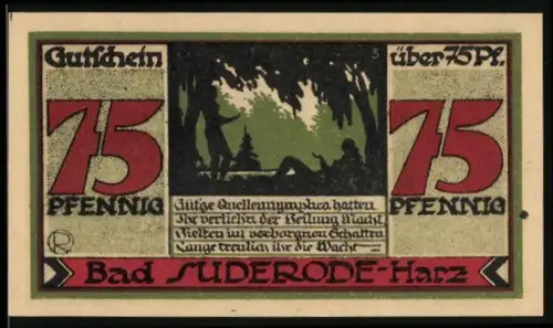 Notgeld Bad Suderode /Harz 1921, 75 Pfennig, Waldlandschaft mit Figuren und grosser Zahlenwert