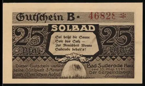 Notgeld Bad Suderode i. Harz 1921, 25 Pfennig, Solbad und Saalsteine-Motiv