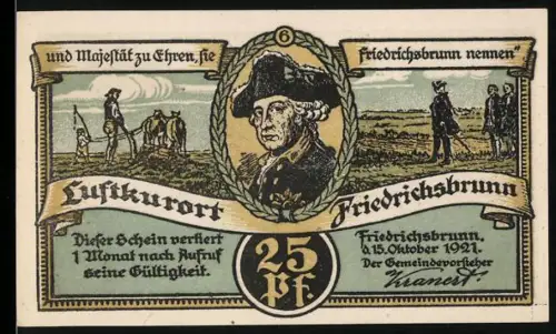 Notgeld Friedrichsbrunn i. Harz 1921, 25 Pf, Friedrich der Grosse mit Landschaft und Turm auf dem Viktorshöhe