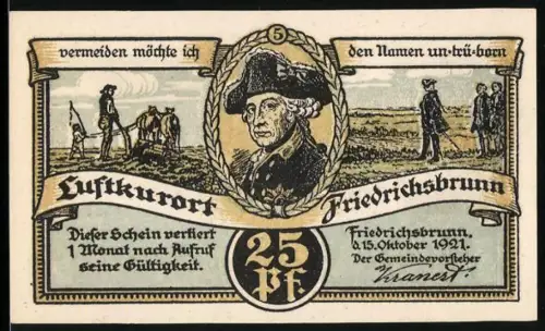 Notgeld Friedrichsbrunn /Harz 1921, 25 Pf, Friedrich der Grosse, Landschaft mit Teichen und Badenden
