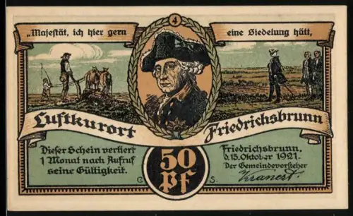 Notgeld Friedrichsbrunn /Harz 1921, 50 Pf, Porträt und Landschaft, Försterei Dambachhaus und Pfeil-Denkmal