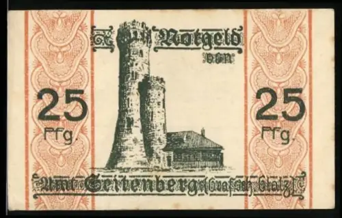 Notgeld Seitenberg /Glatz 1920, 25 Pfennig, Burgruine mit Gebäude