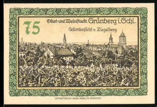 Notgeld Grünberg i.Schl. 1921, 75 Pfennig, Ortsansicht und Wappen mit Figuren