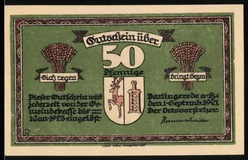 Notgeld Darlingerode a. H. 1921, 50 Pfennig, Hirschmotif vor Bergen und Wappen mit Hirsch und Ährenbündeln