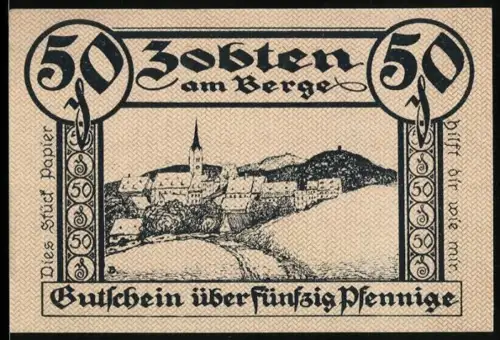 Notgeld Zobten am Berge 1919, 50 Pfennig, Ortsansicht und Reiterdenkmal