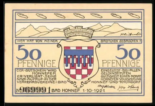 Notgeld Bad Honnef 1921, 50 Pfennig, Wappen und Landschaftsansicht von Rommersdorf