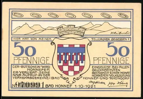 Notgeld Bad Honnef 1921, 50 Pfennig, Wappen und Landschaft mit Bäumen und Hügeln