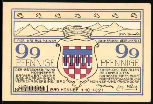 Notgeld Bad Honnef 1921, 99 Pfennige, Landschaftsansicht und Wappen von Bad Honnef am Rhein