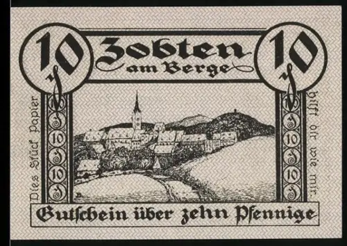 Notgeld Zobten am Berge 1919, 10 Pfennig, Ortsansicht und Reiterstatue mit Wappen