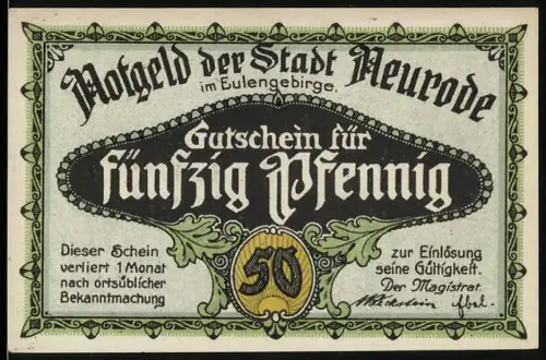 Notgeld Neurode i. Eulengebirge 1921, 50 Pfennig, Ortsansicht und Bergbausymbole